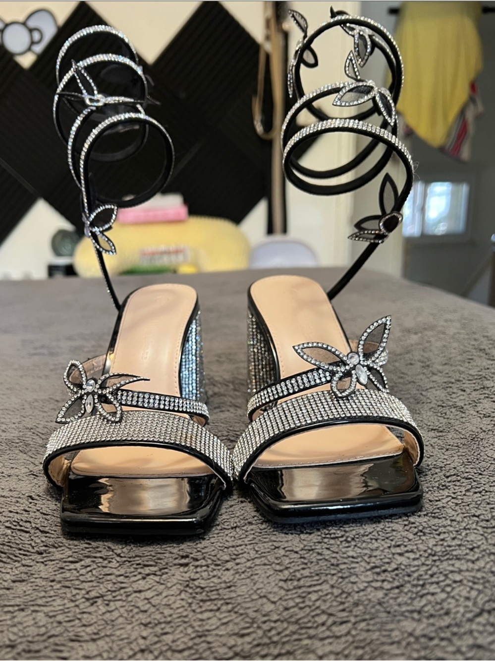 Embellished Black Rhinestone Strappy Heels